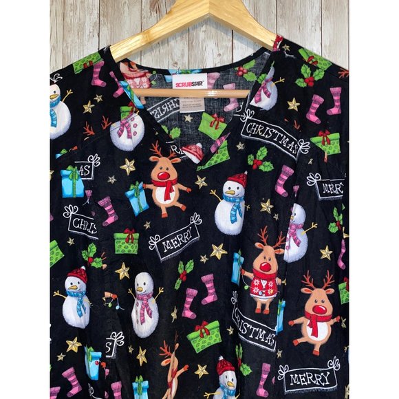 Scrubstar Top Womens 3X Black Merry Christmas Snowman Medical Nurse Uniform Top - Picture 6 of 9